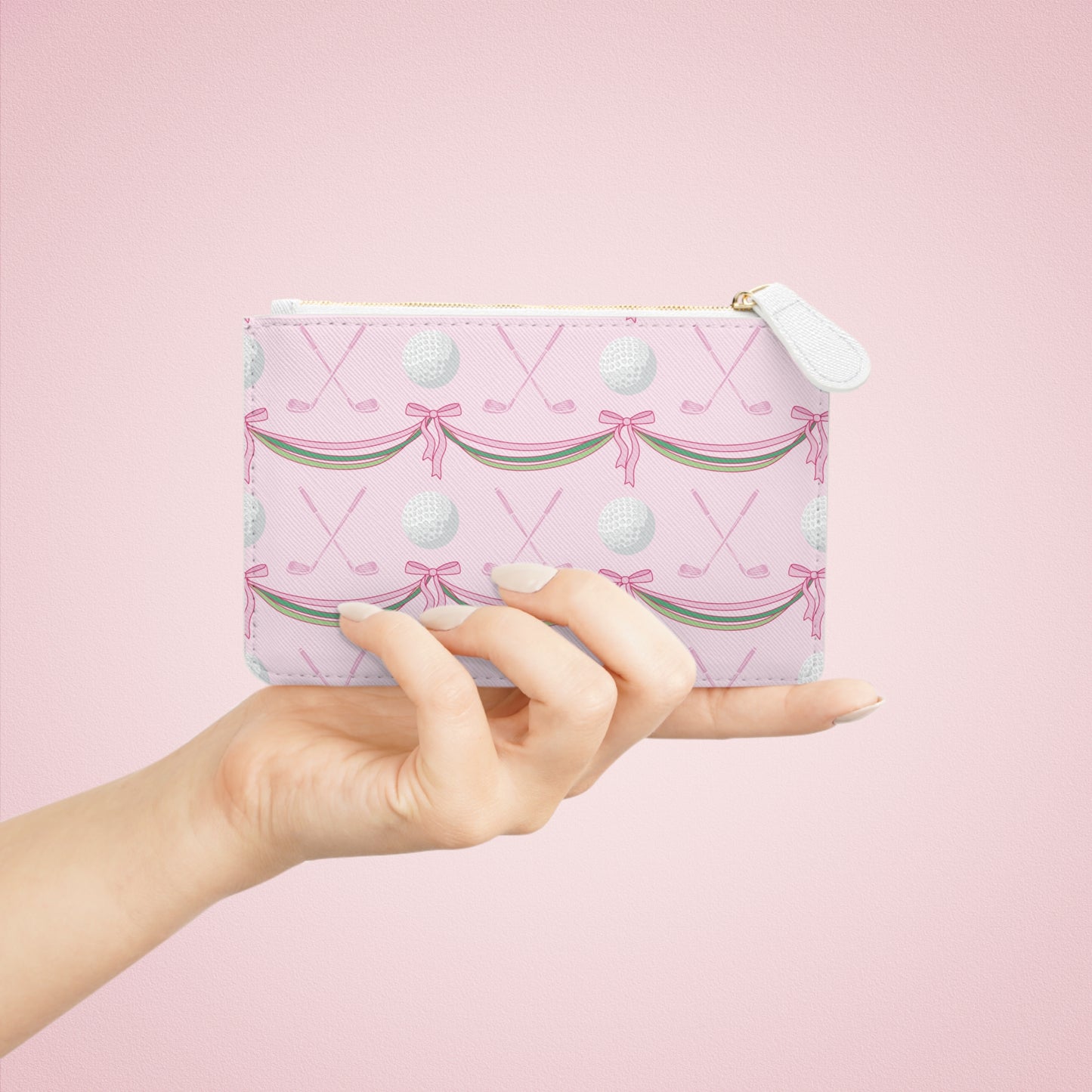 Mini Faux Leather Clutch — Pink Golf Pattern Wristlet (Golf Balls, Clubs & Bows)