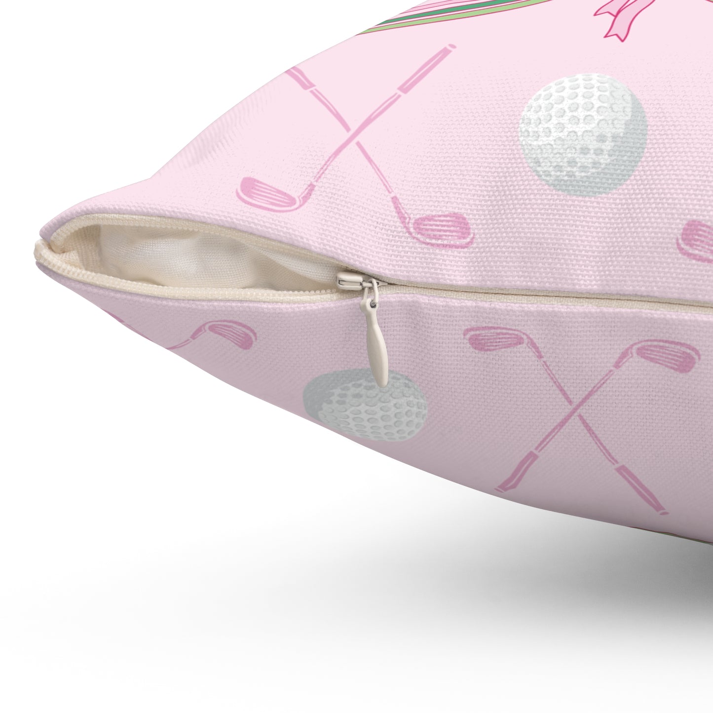 Golf Pattern Decorative Pillow — Pink Crossed Clubs, Balls & Ribbon Accent