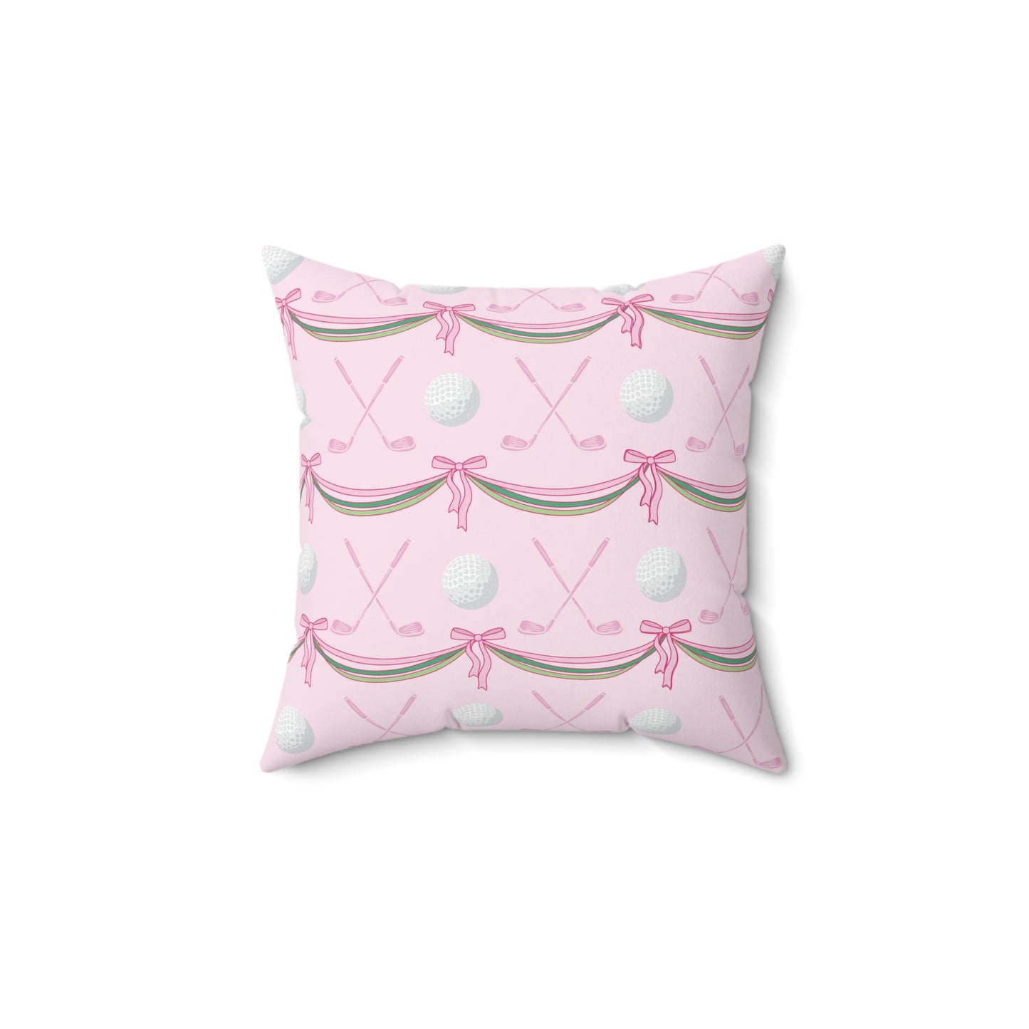 Golf Pattern Decorative Pillow — Pink Crossed Clubs, Balls & Ribbon Accent