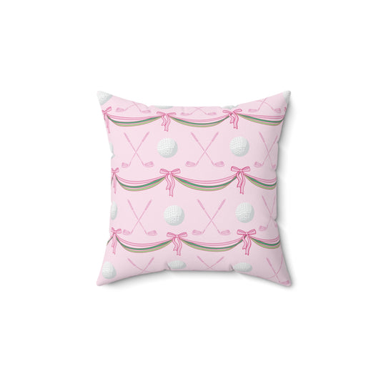 Golf Pattern Decorative Pillow — Pink Crossed Clubs, Balls & Ribbon Accent