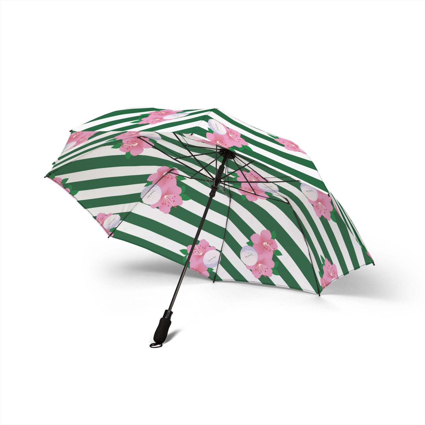 Foldable Umbrella — Green Stripes with Pink Floral Print, Semi-Automatic Compact Rain Umbrella