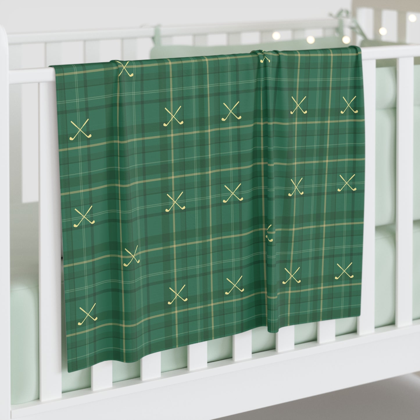 Baby Swaddle Blanket — Green Plaid with Crossed Golf Clubs (Cozy Nursery)