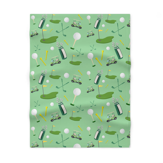 Golf Pattern Baby Blanket — Soft Fleece Nursery Throw with Golf Clubs, Tees & Carts