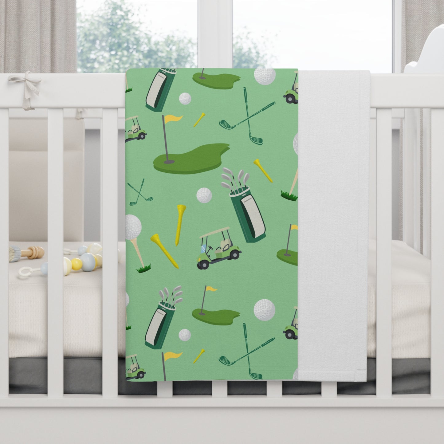 Golf Pattern Baby Blanket — Soft Fleece Nursery Throw with Golf Clubs, Tees & Carts