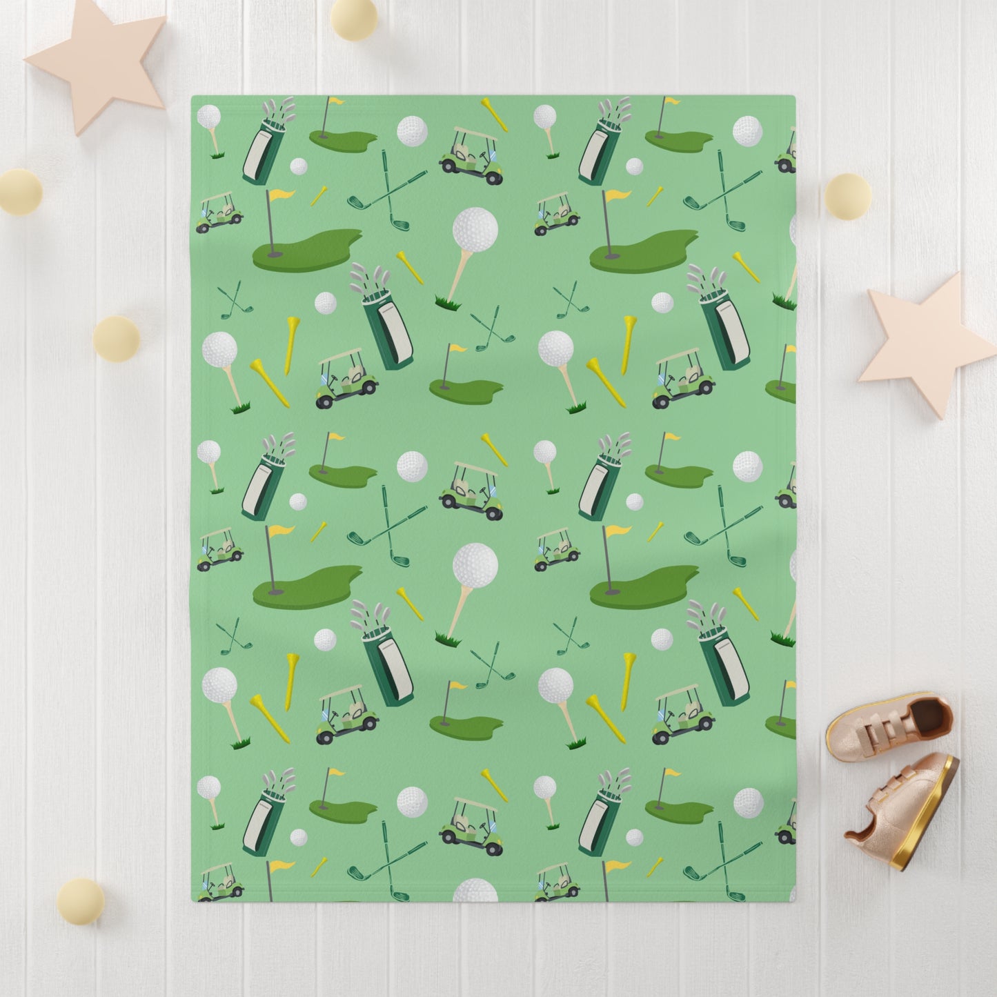 Golf Pattern Baby Blanket — Soft Fleece Nursery Throw with Golf Clubs, Tees & Carts