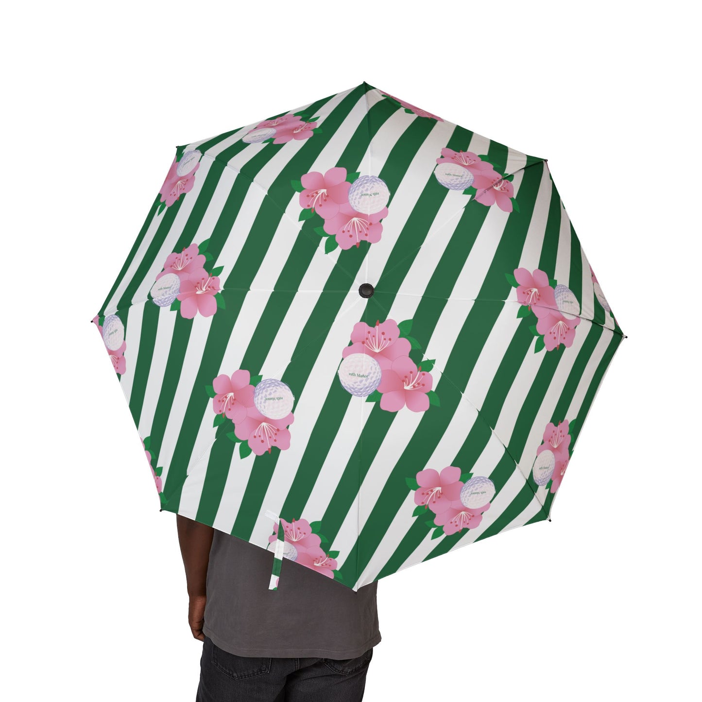 Foldable Umbrella — Green Stripes with Pink Floral Print, Semi-Automatic Compact Rain Umbrella