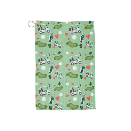 Golf Towel — Cute Golf Cart & Green Patterned Golfing Towel with Grommet Ring