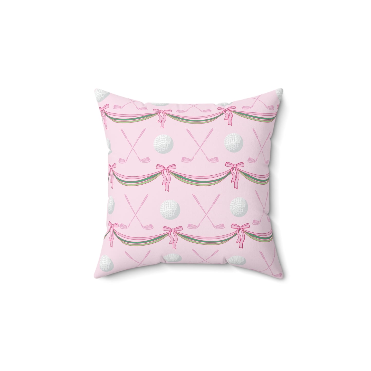 Golf Pattern Decorative Pillow — Pink Crossed Clubs, Balls & Ribbon Accent