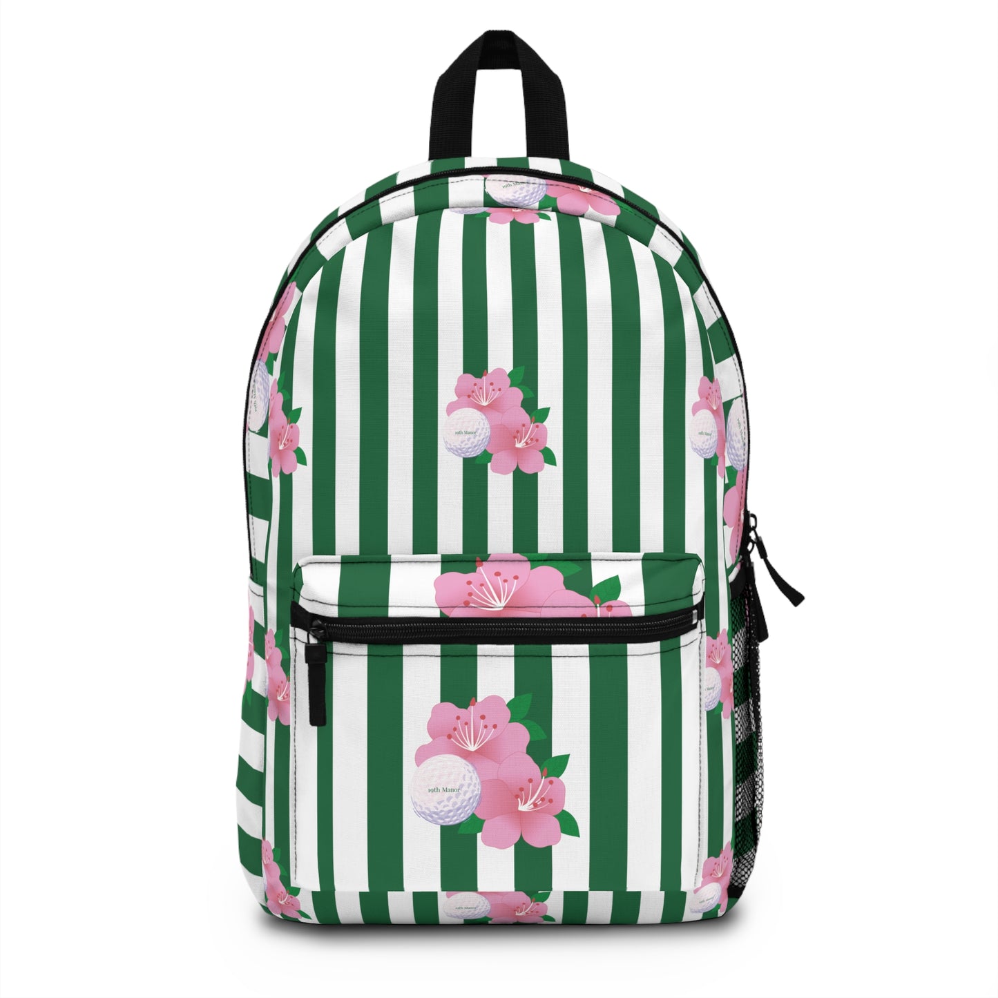 Green Stripe Floral Backpack — Pink Blossom Pattern School & Travel Bag