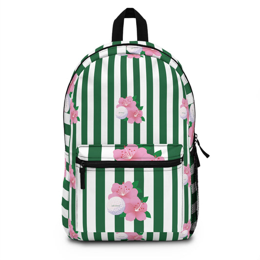 Green Stripe Floral Backpack — Pink Blossom Pattern School & Travel Bag