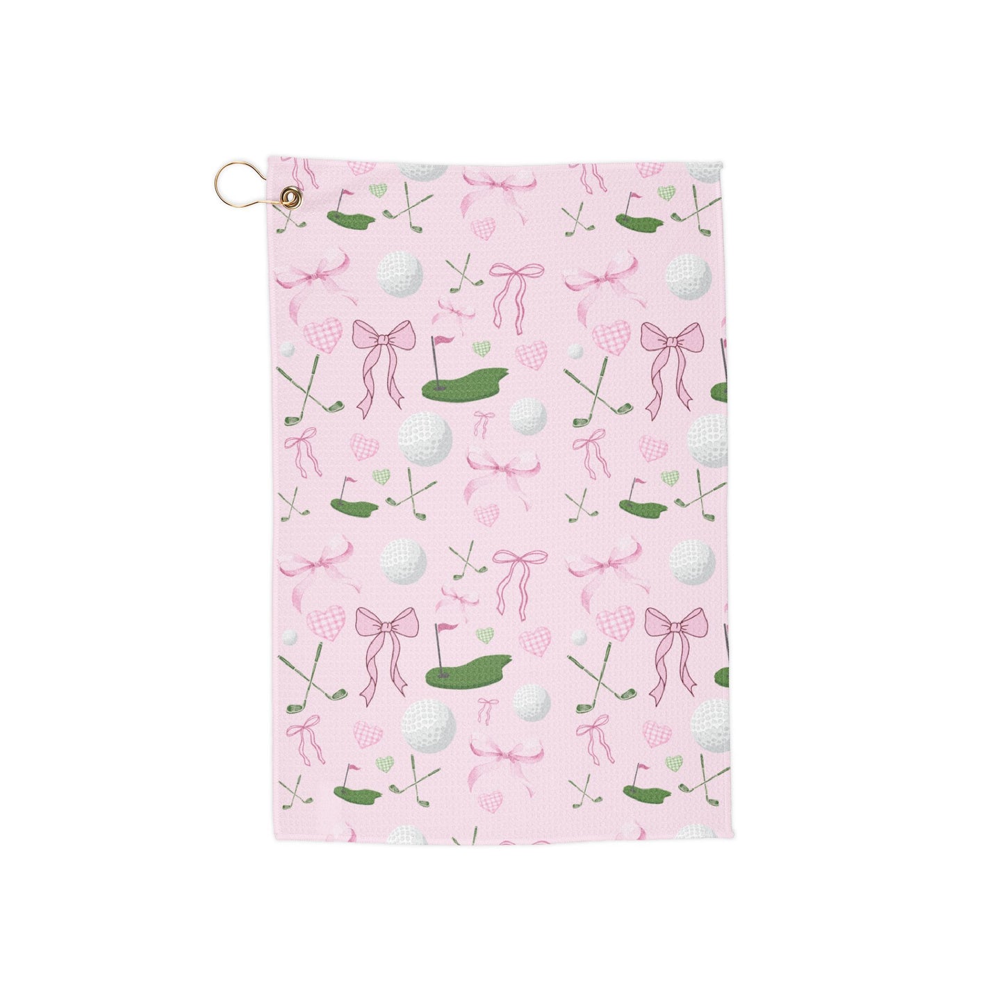 Pink Golf Pattern Towel — Golf Club, Ball & Bow Print