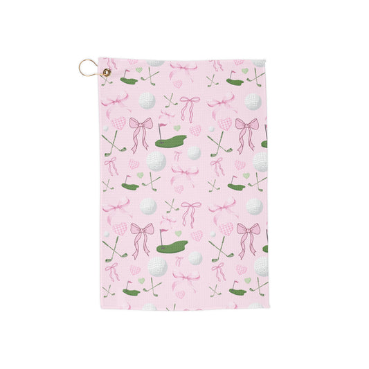 Pink Golf Pattern Towel — Golf Club, Ball & Bow Print
