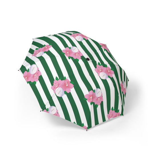 Foldable Umbrella — Green Stripes with Pink Floral Print, Semi-Automatic Compact Rain Umbrella