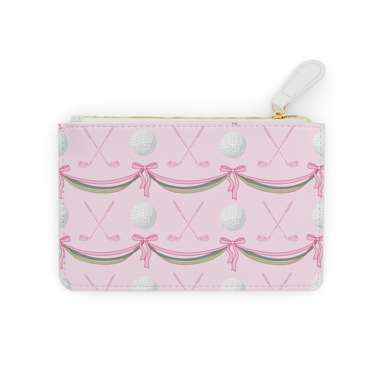 Mini Faux Leather Clutch — Pink Golf Pattern Wristlet (Golf Balls, Clubs & Bows)