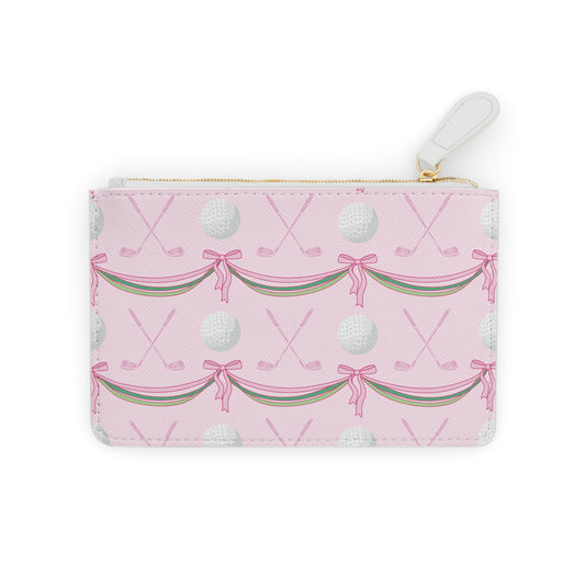Mini Faux Leather Clutch — Pink Golf Pattern Wristlet (Golf Balls, Clubs & Bows)