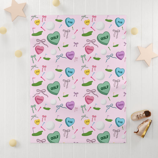 Golf Candy Heart Baby Blanket — Pink Cute Golf-Themed Fleece for Infant Gift