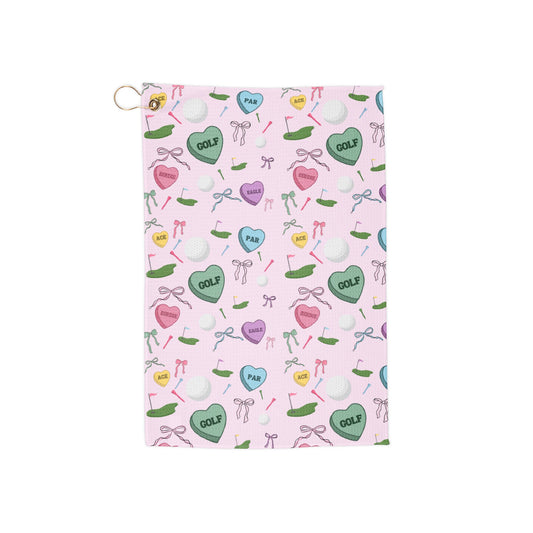 Pink Golf Pattern Towel — Cute Golf Hearts & Clubs Golf Towel with Clip