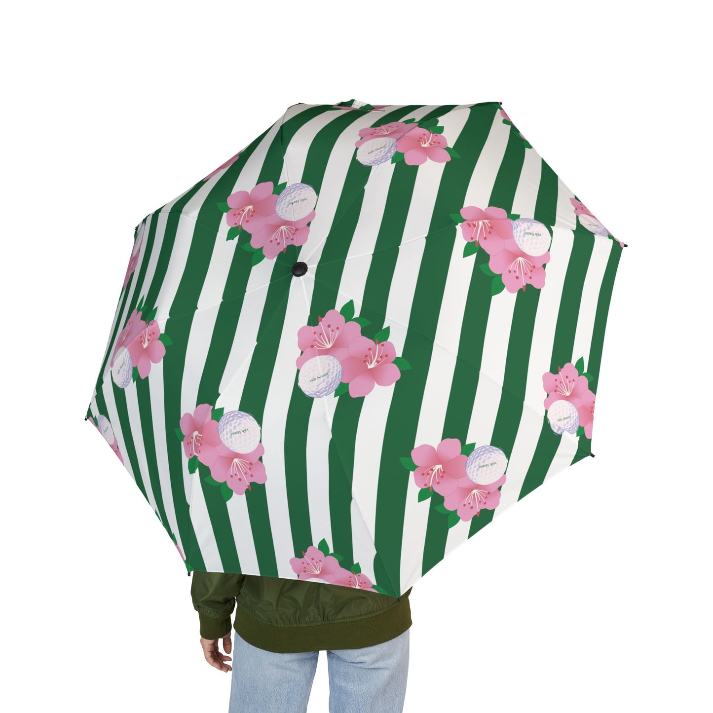 Foldable Umbrella — Green Stripes with Pink Floral Print, Semi-Automatic Compact Rain Umbrella
