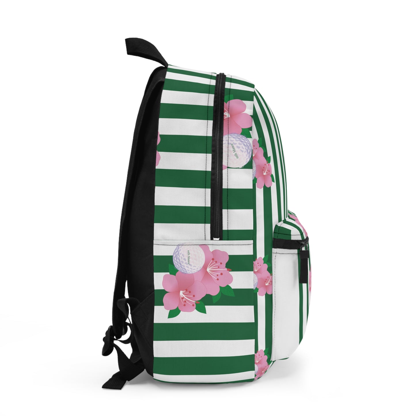 Green Stripe Floral Backpack — Pink Blossom Pattern School & Travel Bag